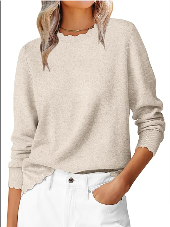 Womens Long Sleeve Sweaters Loose Fit Lightweight Scalloped Knit Soft Dressy Pullover Tops 2025 Fall Casual Outfits